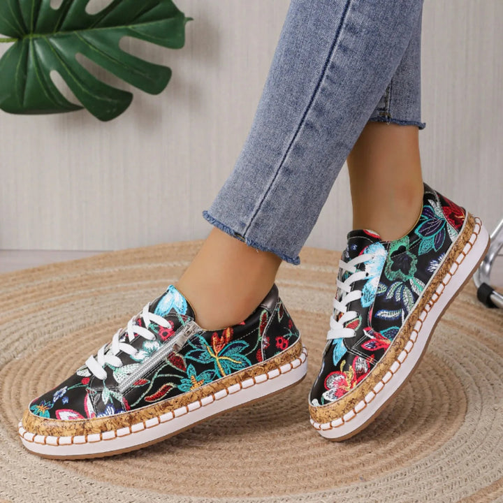 New women's elegant floral lace-up flat shoes, featuring a black floral design for comfort.