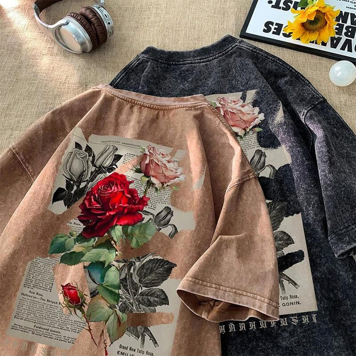Washed rose graphic tee, an oversized unisex shirt with vintage feel for streetwear.