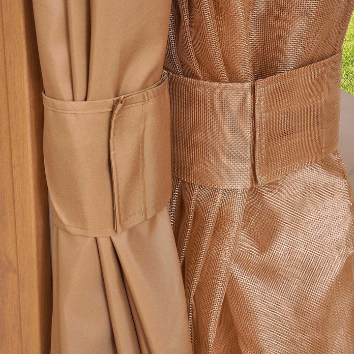 Weather-resistant brown outdoor garden gazebo with metal frame, integrated mosquito net, and sun-blocking privacy curtains.