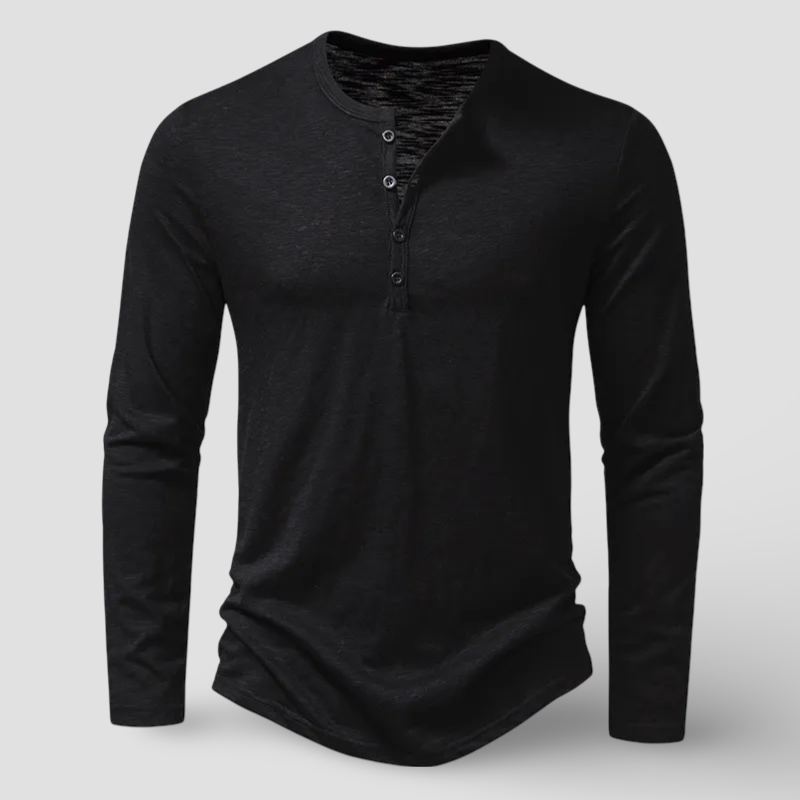 Versatile men's long sleeve henley top, a comfortable and stylish shirt with a classic button placket for menswear.
