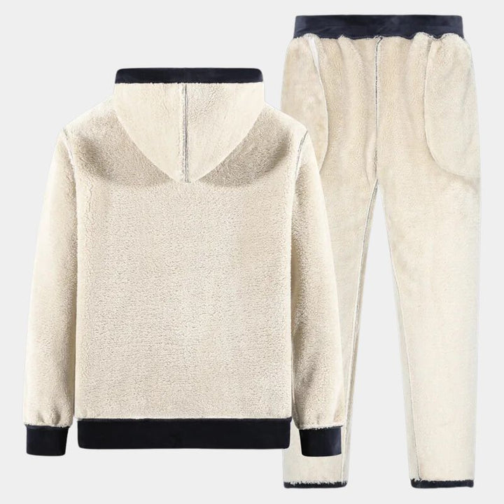 Detail view of plush lamb velvet unisex two-piece loungewear set, highlighting its soft, cozy texture.