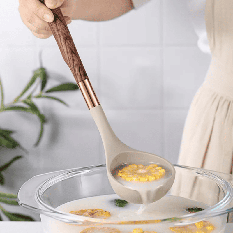Complete 10-piece silicone kitchen accessories set with durable wooden handles, perfect for everyday home cooking.