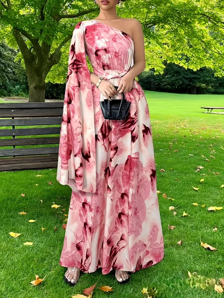 Elegant one-shoulder maxi dress for women. Ideal wedding guest dress or formal evening gown.