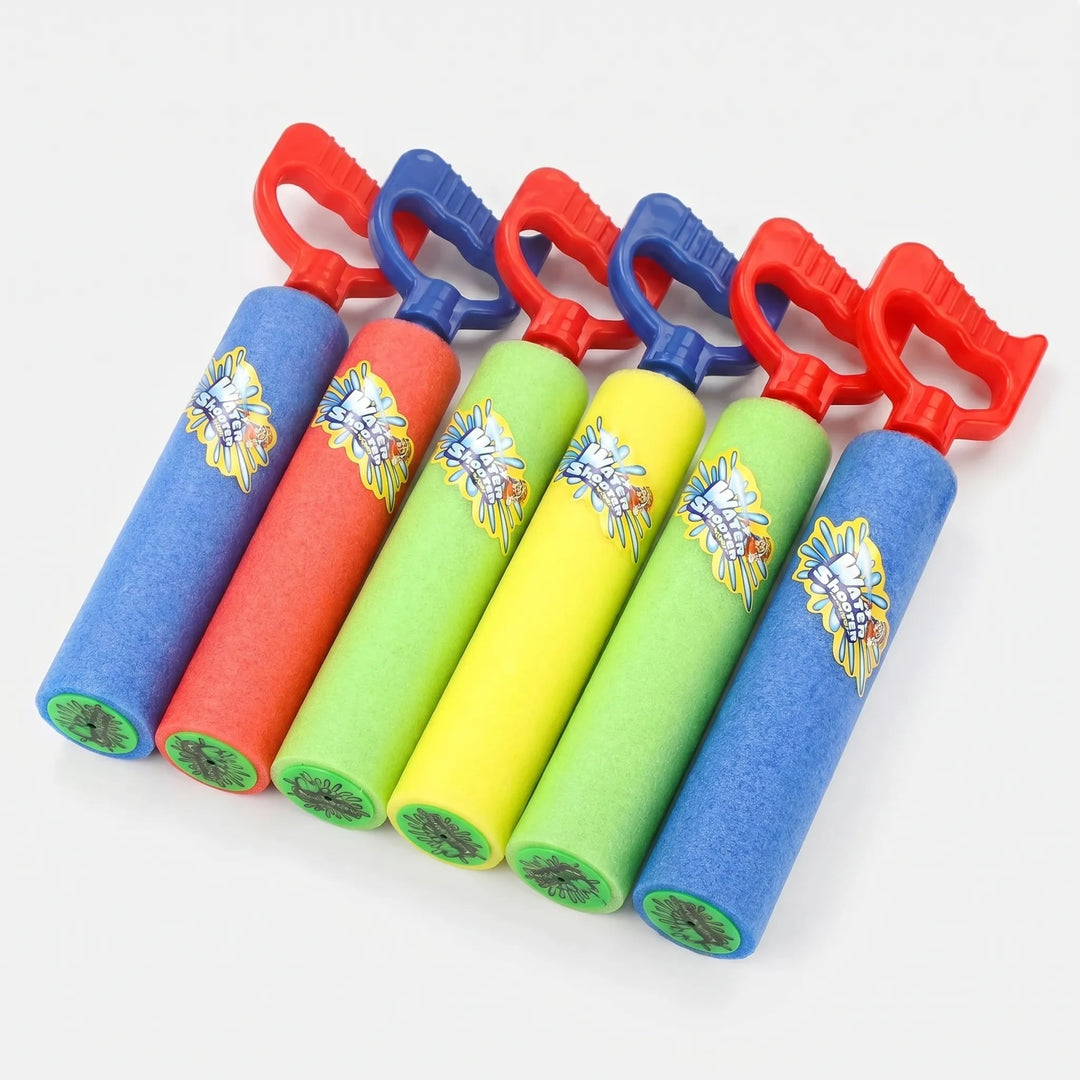 Kids laughing and playing with foam water blaster toys in a group, ideal for exciting summer outdoor water games.