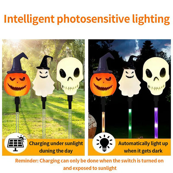 Assorted 6-pack of solar LED Halloween lights with pumpkin & ghost designs, ideal for garden lighting