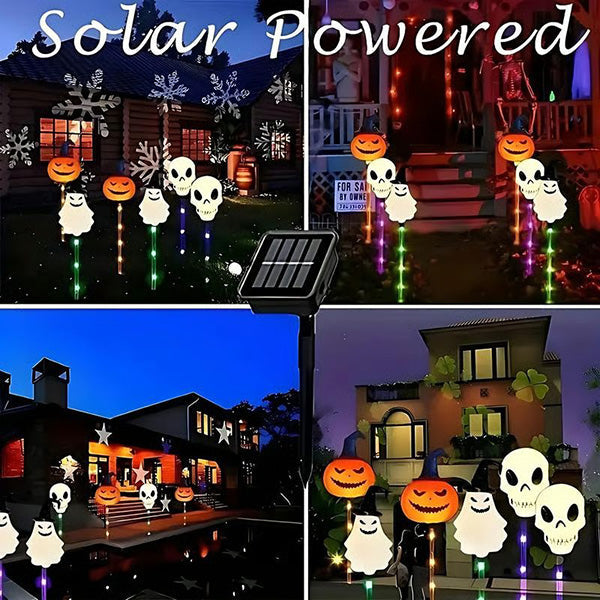 Close-up of a solar LED Halloween pumpkin ground light, glowing orange for spooky outdoor decor
