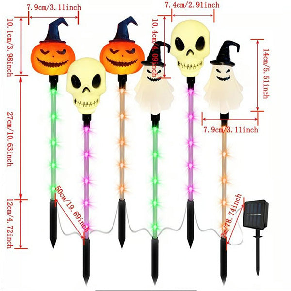 Solar-powered LED Halloween ground lights in a 6-pack, providing eco-friendly spooky garden lighting