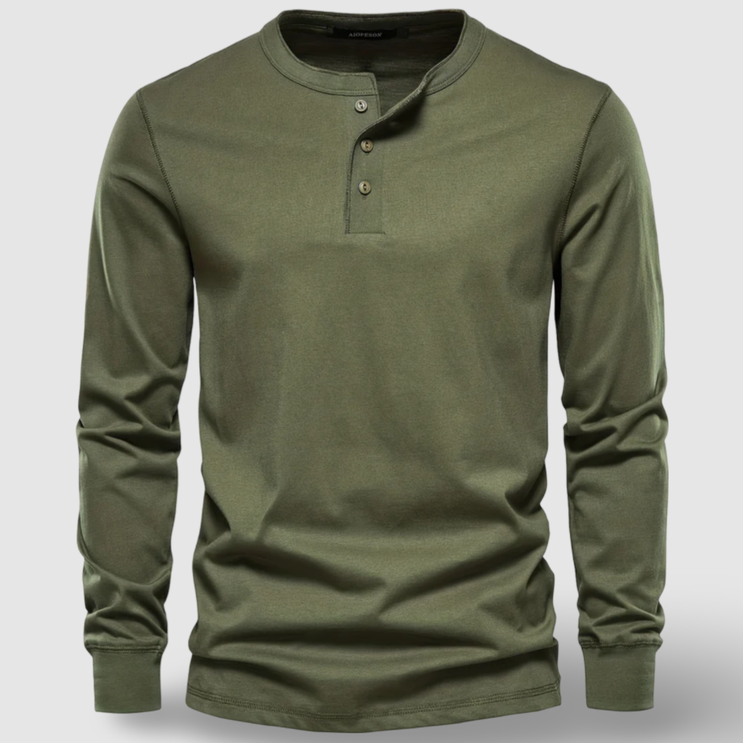 Men's long sleeve henley shirt, a comfortable and stylish casual top for any occasion.