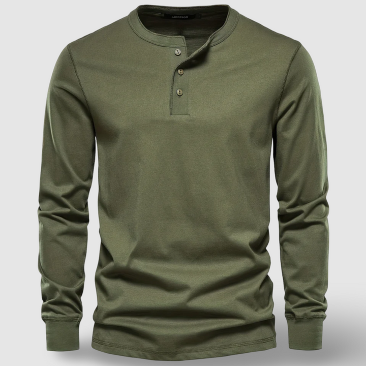 Men's long sleeve henley shirt, a comfortable and stylish casual top for any occasion.