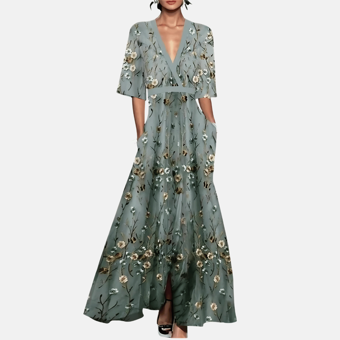 Elegant women's floral print maxi dress with V-neck & short sleeves, perfect for summer & spring style.