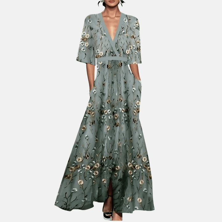 Elegant women's floral print maxi dress with V-neck & short sleeves, perfect for summer & spring style.