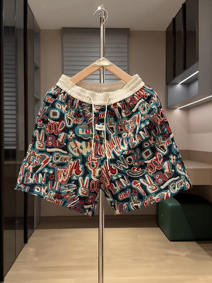Men's relaxed fit graffiti urban street art shorts with vibrant print. Perfect for casual summer streetwear.