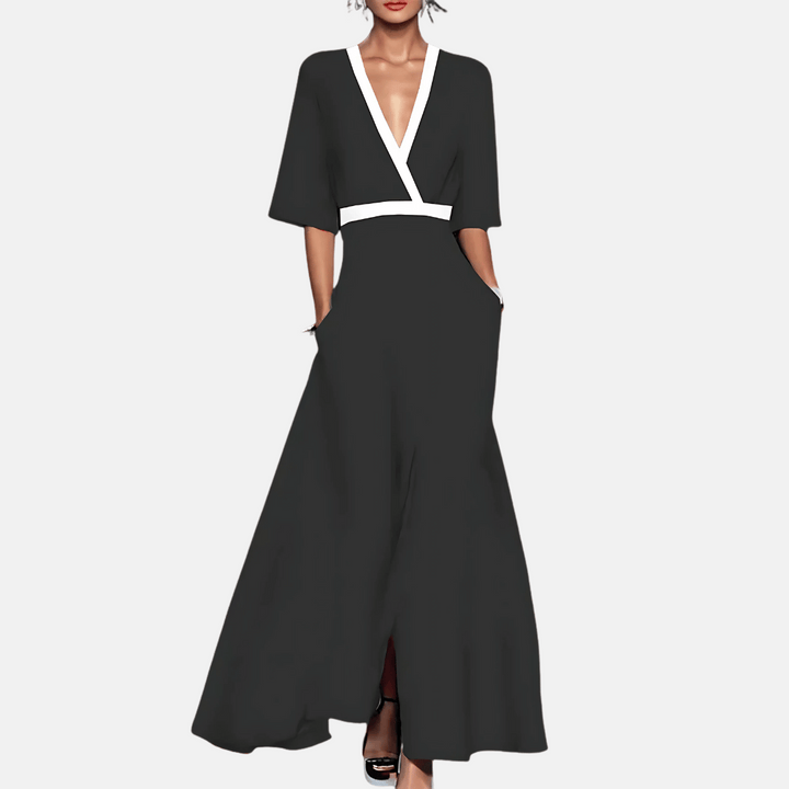 Casual women's summer floral maxi dress, A-line cut, short sleeve V-neck for breezy spring fashion.