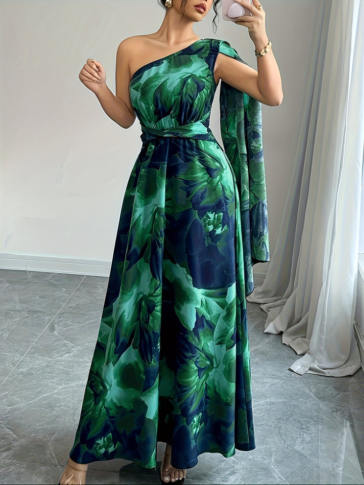 Flowing one-shoulder women's maxi dress. Elegant formal dress, ideal for wedding guests & evening parties.