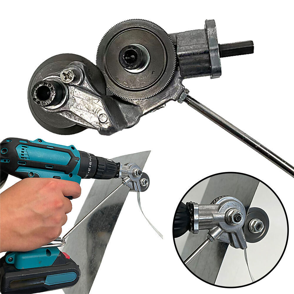 Unisex power tool: electric drill attachment actively cutting sheet metal. Perfect for metal fabrication projects.