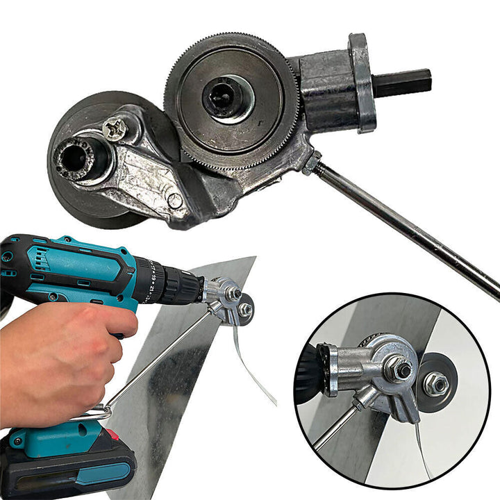 Unisex power tool: electric drill attachment actively cutting sheet metal. Perfect for metal fabrication projects.
