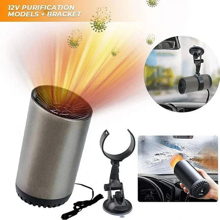 Compact cup holder car heater & defroster. This 360° rotatable 12V auto fan provides essential warming & cooling.