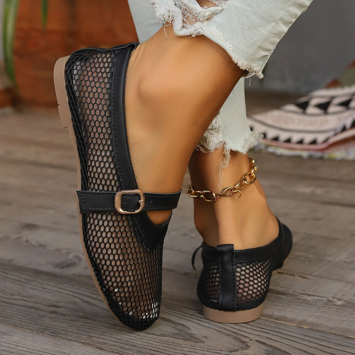 Black mesh Mary Jane flats for women, comfortable & slip-resistant, great for work or travel.