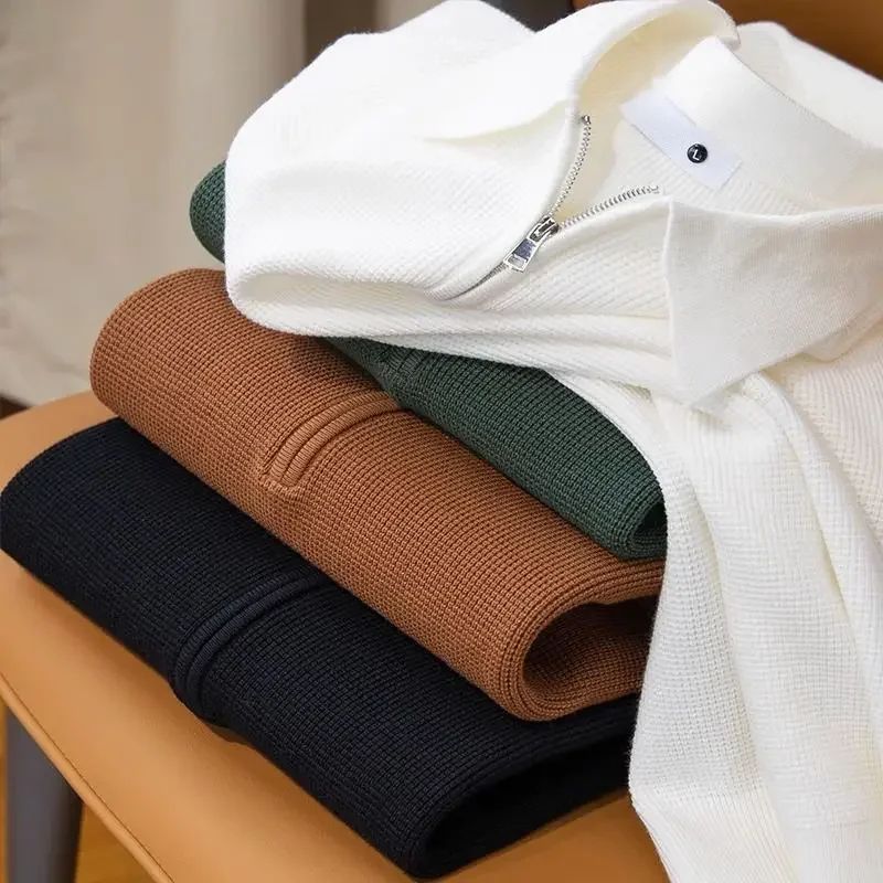 Warm & versatile unisex zip collar pullover sweater. A cozy layering piece for casual wear, perfect for colder seasons.