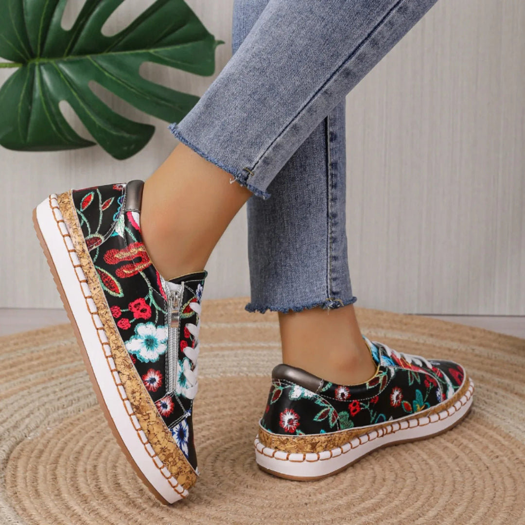 Comfortable and elegant women's black floral lace-up flats, ideal for all-day spring summer fashion.