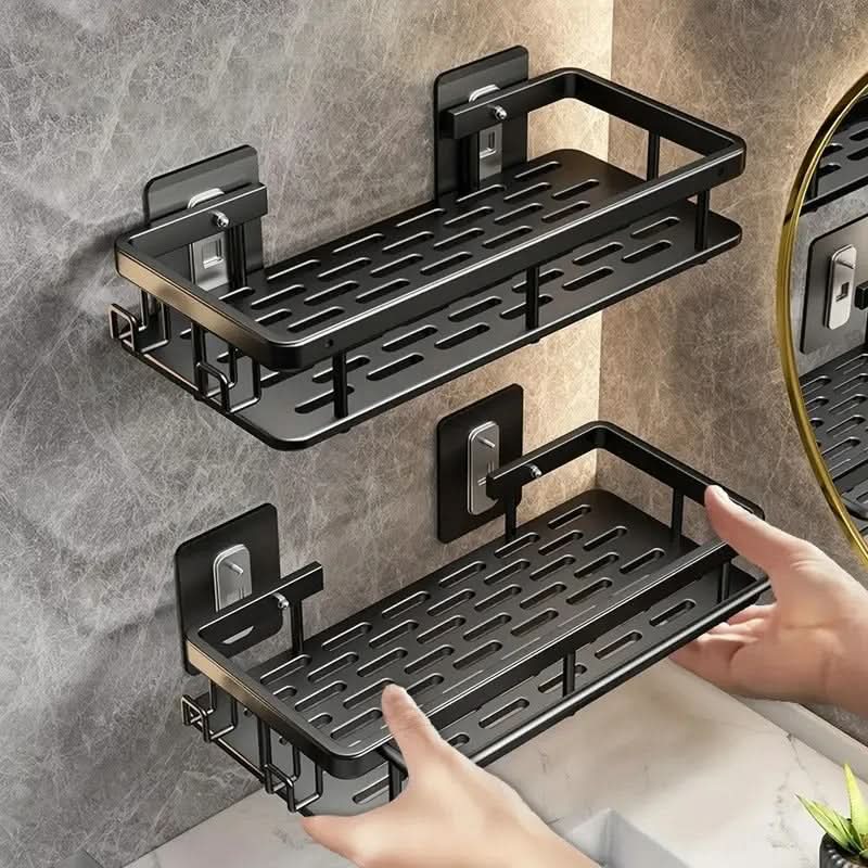 Versatile drill-free adhesive bathroom shelf, modern design, perfect for shower essentials & home organization.