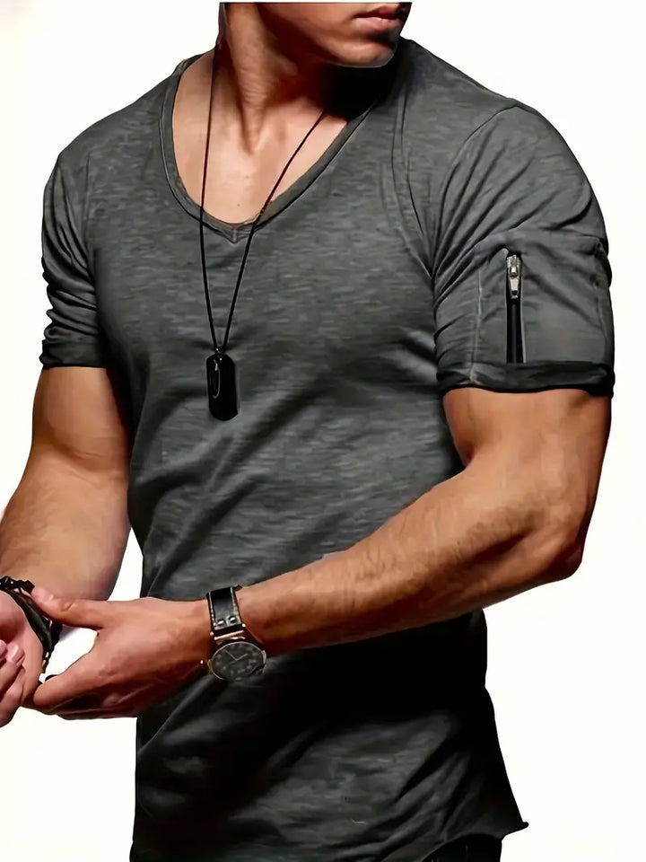 Stylish men's V-Neck tee with a discreet zipper pocket. Comfortable stretch fabric for summer.