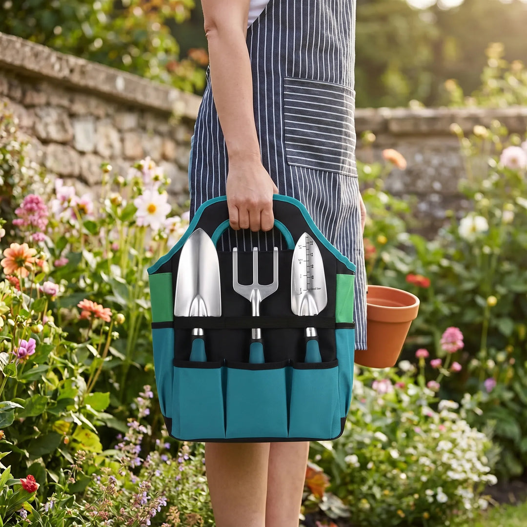 7-piece home gardening tool set with a durable tote bag for easy plant care & outdoor/indoor planting.