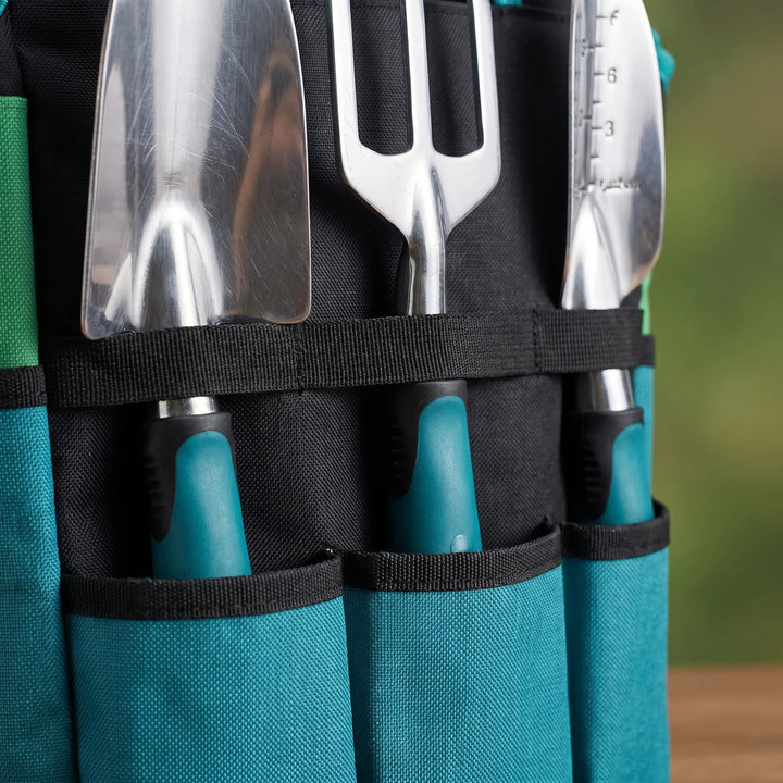 Complete 7-piece garden tool set with carry tote bag, perfect for home planting, weeding, and garden tasks.