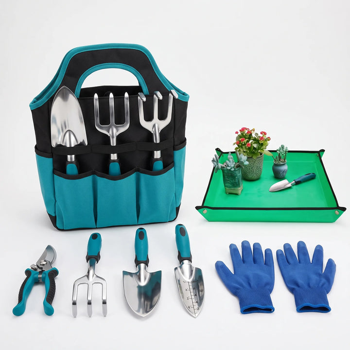High-quality 7-piece home gardening tool set with ergonomic hand tools & canvas tote bag for all plant care.