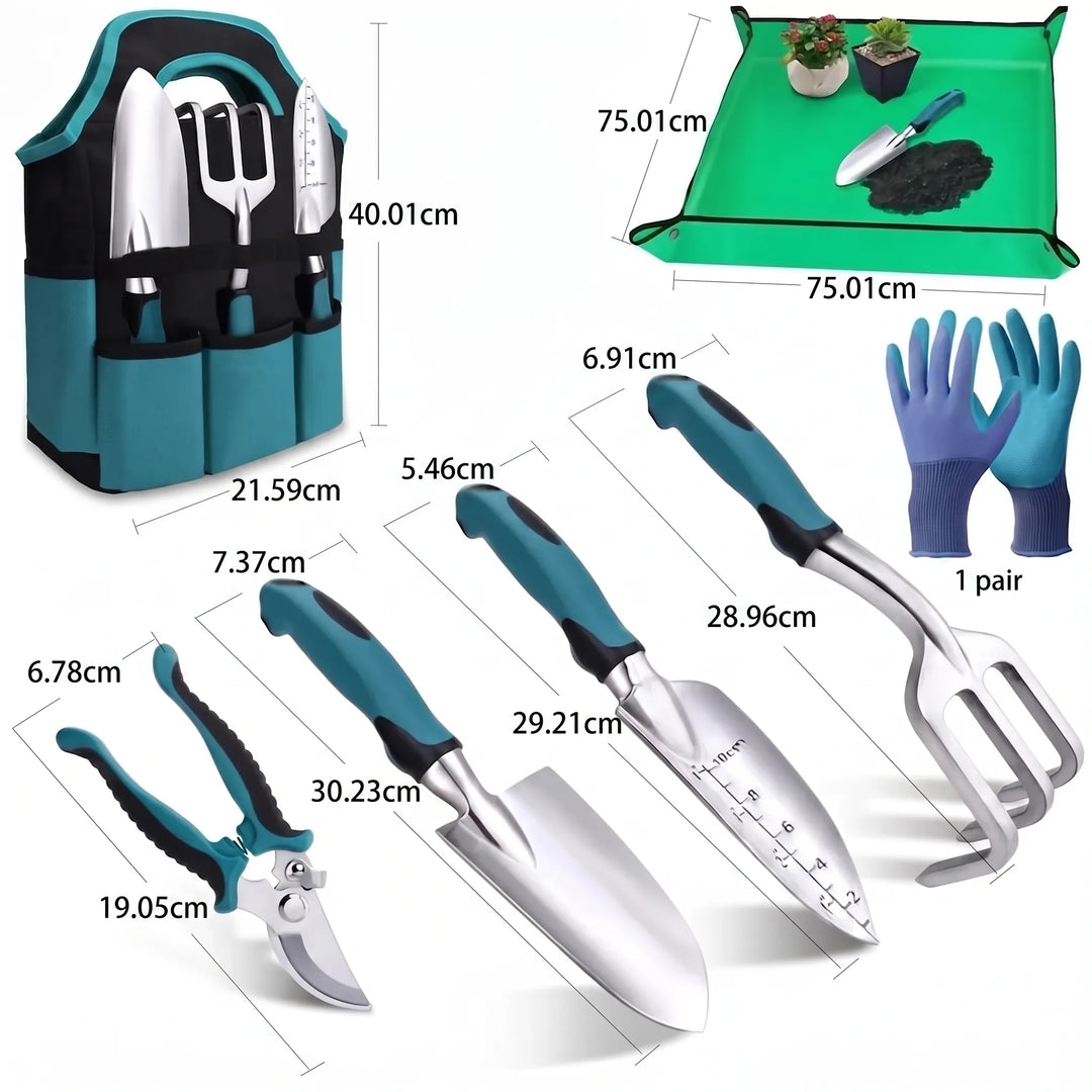 Close-up of a 7-piece gardening tool set including hand trowel, cultivator, and pruners, inside a sturdy tote bag.