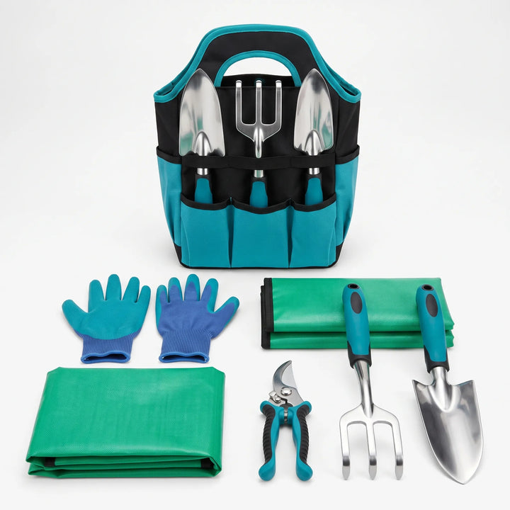 Versatile 7-piece gardening tool set with tote bag, ideal for both indoor plant care & outdoor garden cultivation.