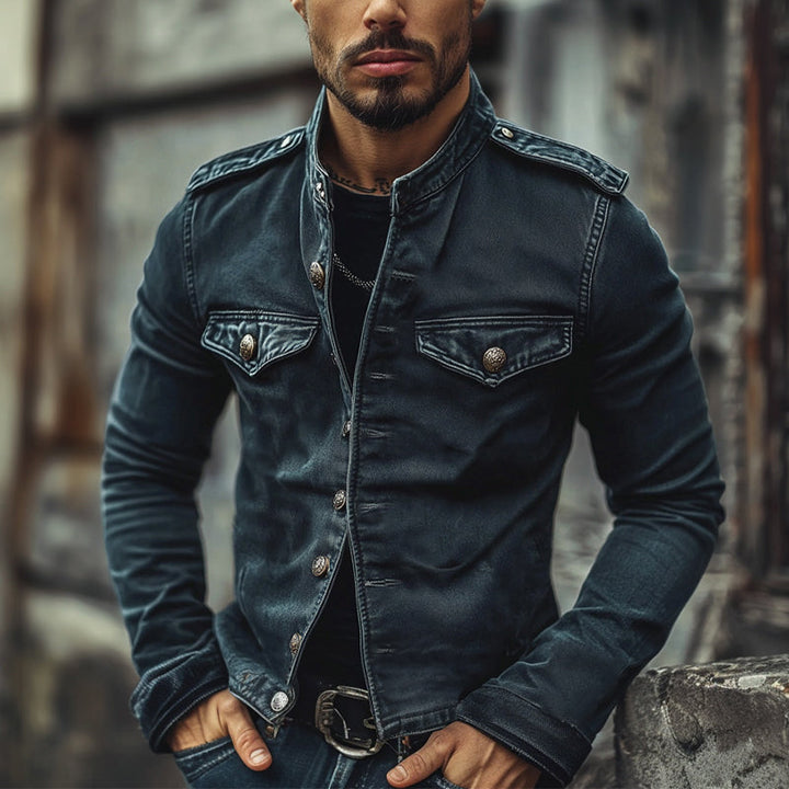 Stylish men's slim fit blue denim jacket, featuring a unique stand collar and trendy distressed vintage look.