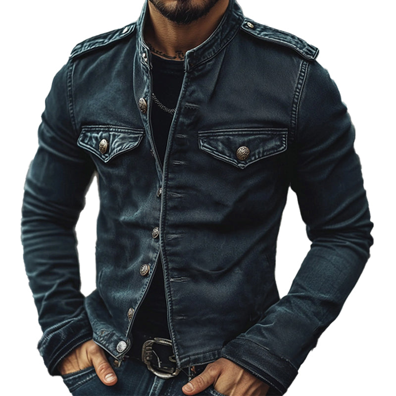 Front view of a men's distressed blue denim jacket with stand collar. Vintage wash, slim fit, ideal for casual style.