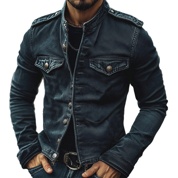 Front view of a men's distressed blue denim jacket with stand collar. Vintage wash, slim fit, ideal for casual style.
