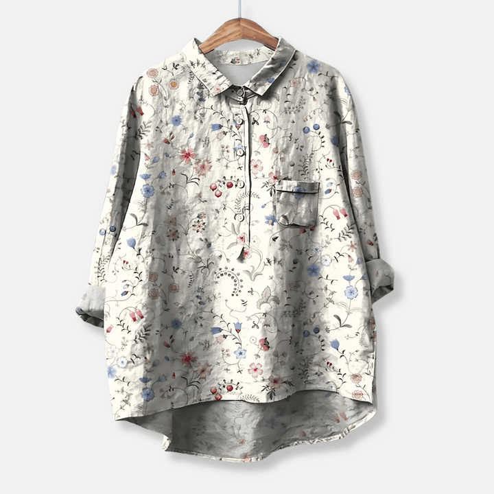 Comfortable loose fit women's floral long sleeve blouse, button front, ideal for effortless summer style.