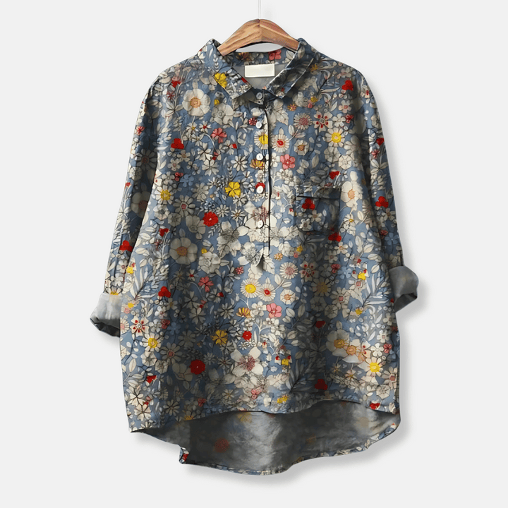 Versatile women's floral long blouse, loose fit, button front. Transitions from casual chic to elegant summer wear.