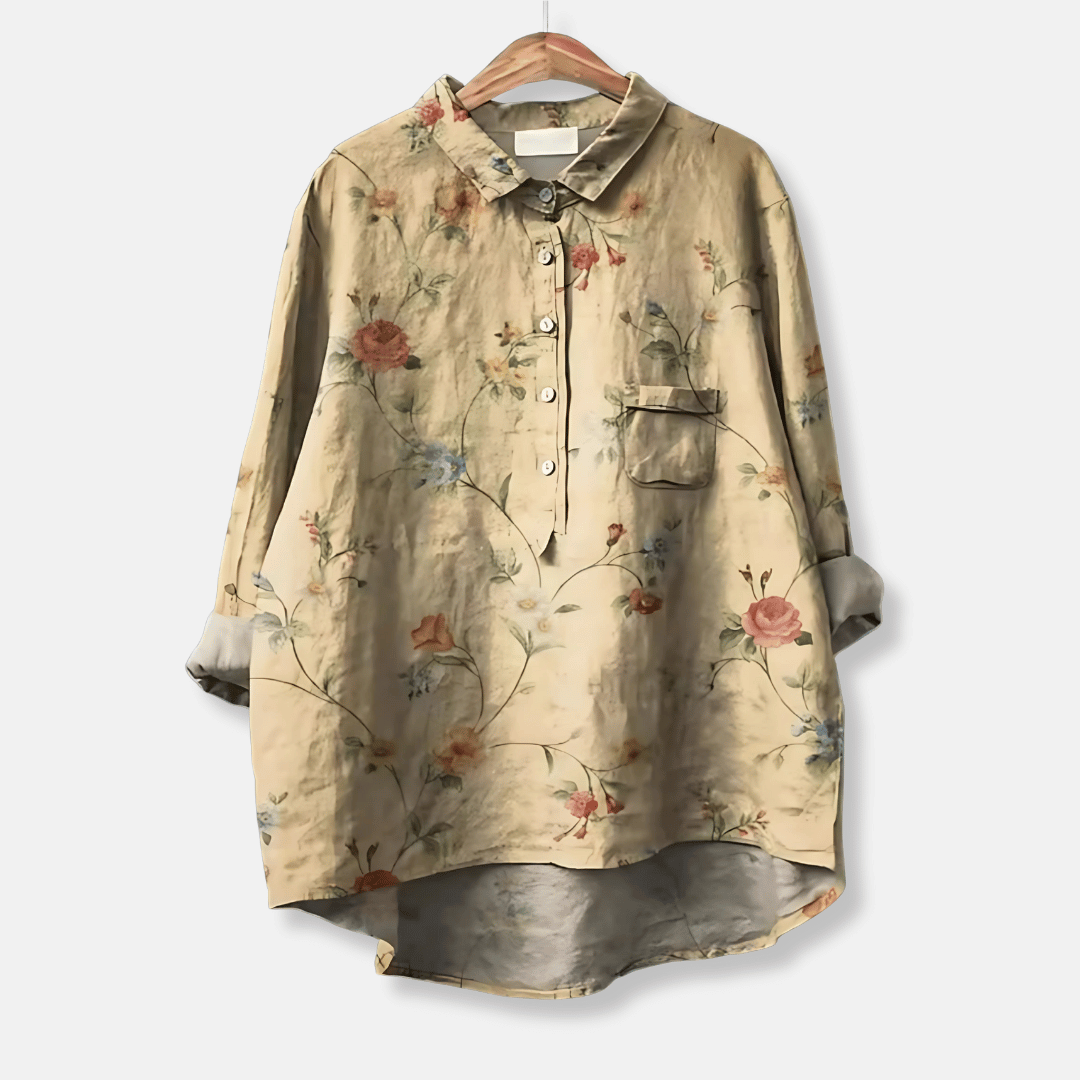 Effortless floral style women's loose fit long blouse, long sleeve & button front, for chic spring looks.