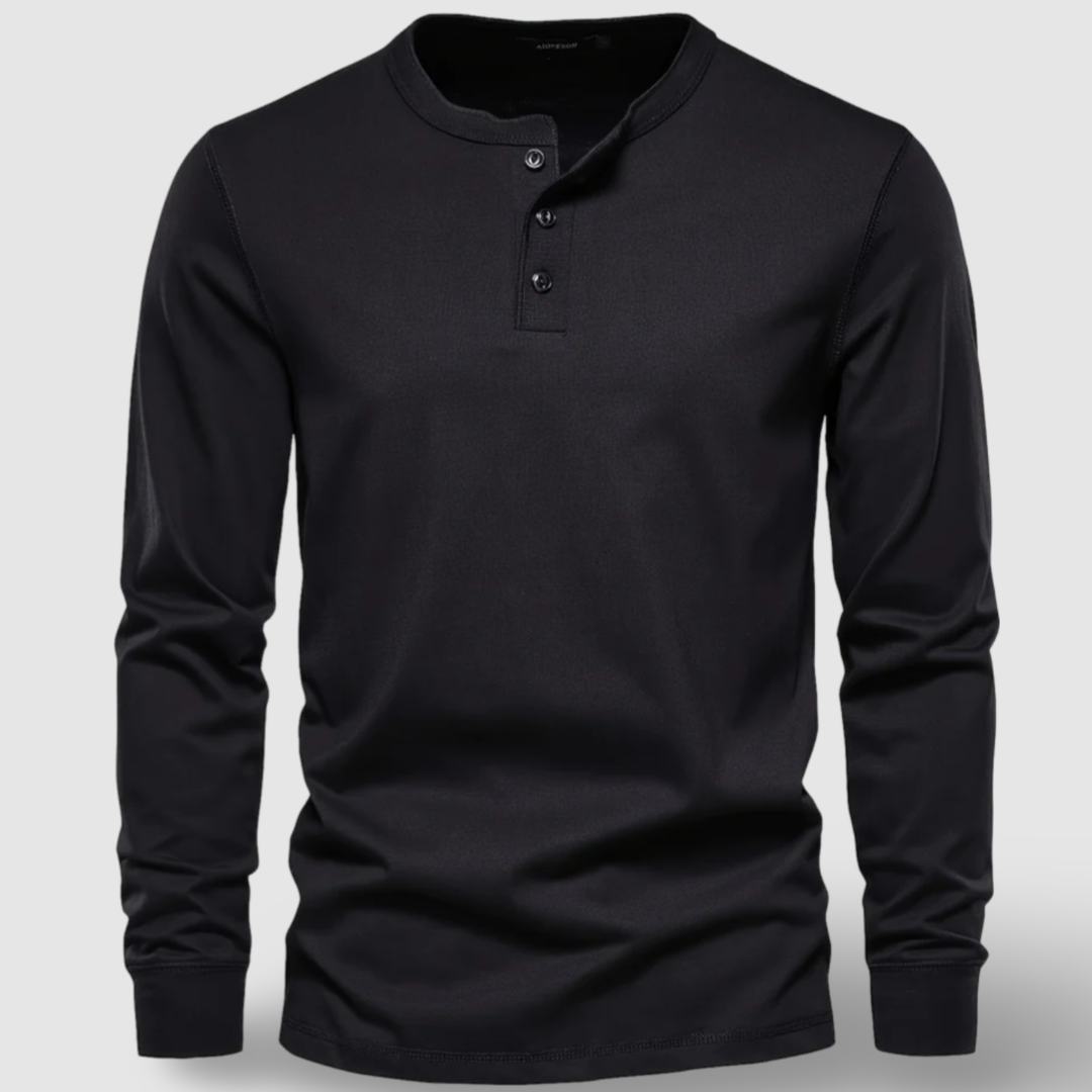 Essential men's long sleeve henley, featuring a classic button collar for versatile styling.