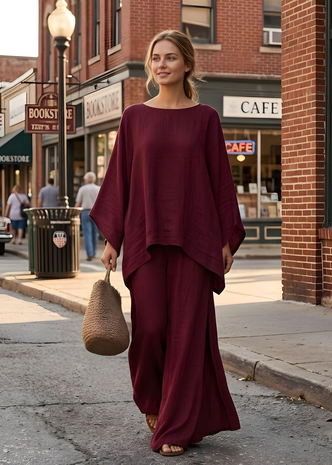Effortless resort wear: matching women's two-piece set with a cape top & flowy wide leg pants.