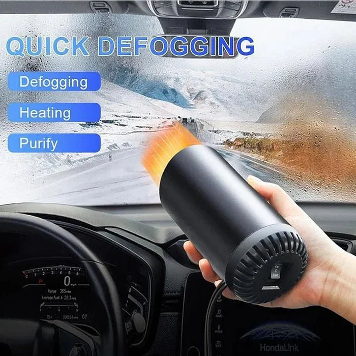 Essential car defroster & heater for winter warmth & summer cooling. This 12V portable unit clears foggy windshields.