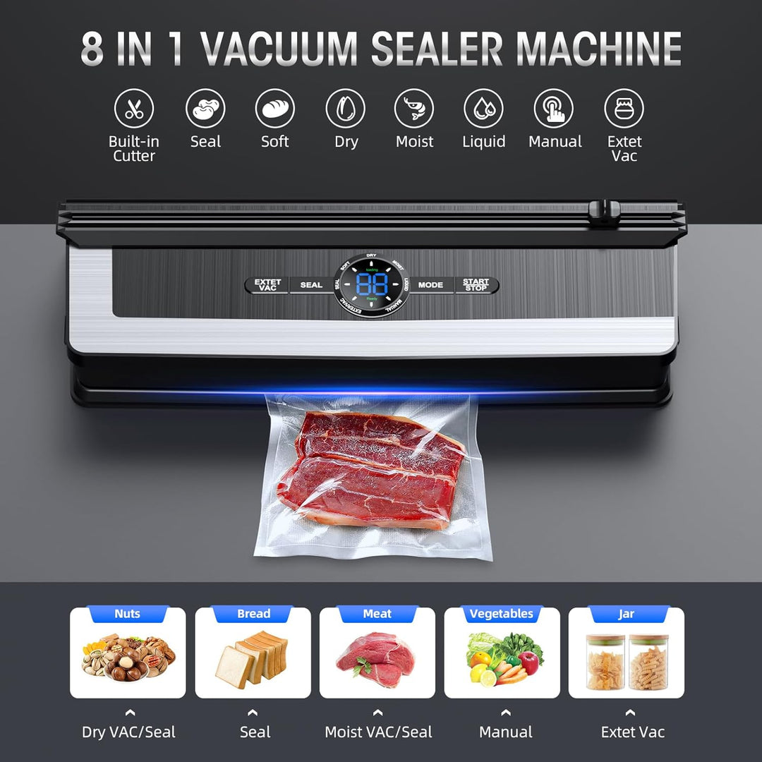 Powerful 8-in-1 vacuum sealer ensuring airtight food storage and preservation, a key kitchen appliance.