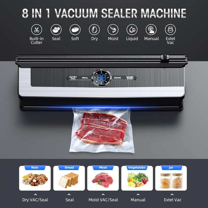 Powerful 8-in-1 vacuum sealer ensuring airtight food storage and preservation, a key kitchen appliance.