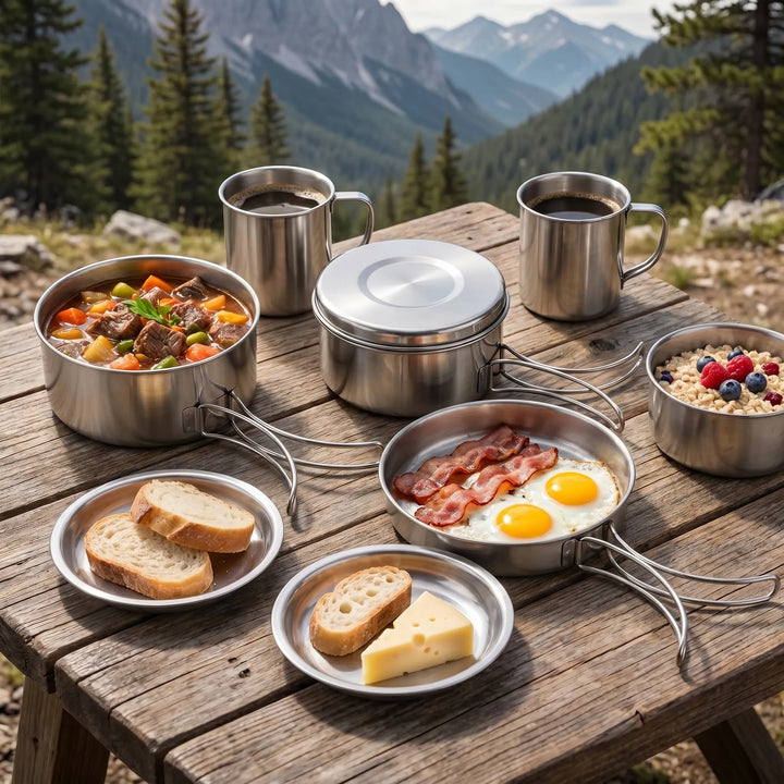 8-piece silver camping cookware set for outdoor cooking, backpacking, and hiking. Portable kitchen essentials.