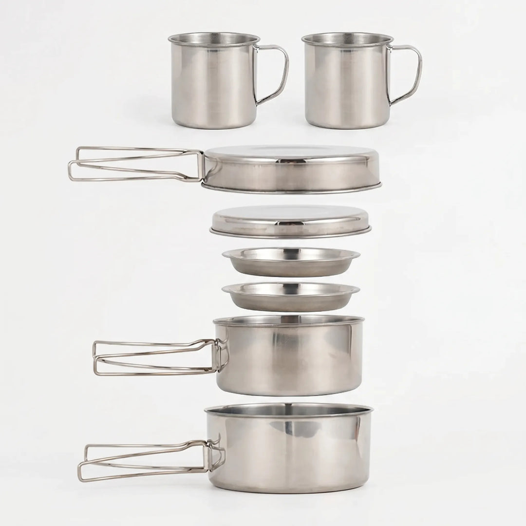 Durable silver metal 8-piece outdoor camping cook set for hiking & trail cooking. Compact backpacking gear.