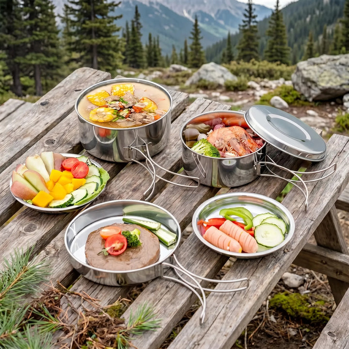 Silver 8-piece portable camping cookware for hiking & backpacking. Essential outdoor cooking & trail kitchen set.