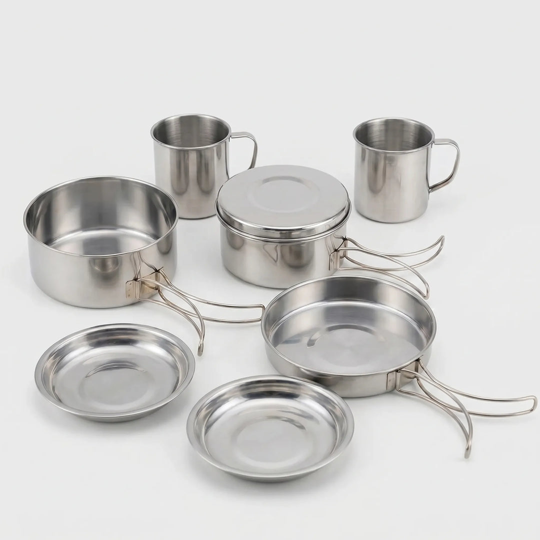 Complete 8-piece unisex silver camping cookware set for all outdoor cooking, backpacking, and hiking adventures.