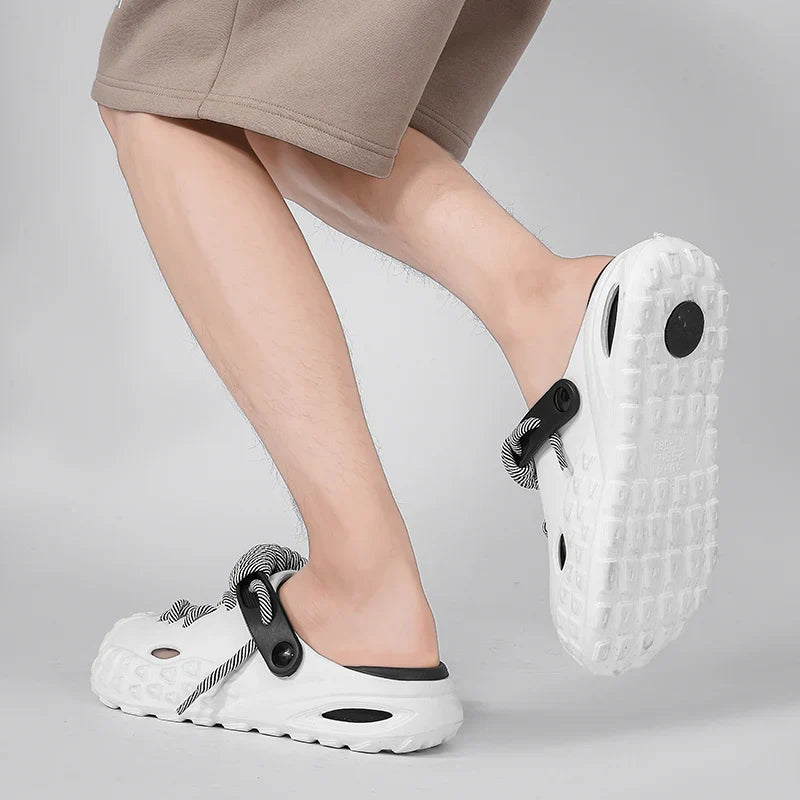 Men's laced clogs, slip-on design offers easy casual comfort.