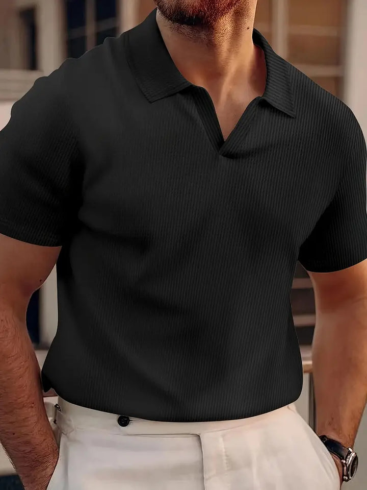 Stylish men's ribbed short sleeve polo shirt, a versatile slim fit top for casual and smart casual summer outfits.