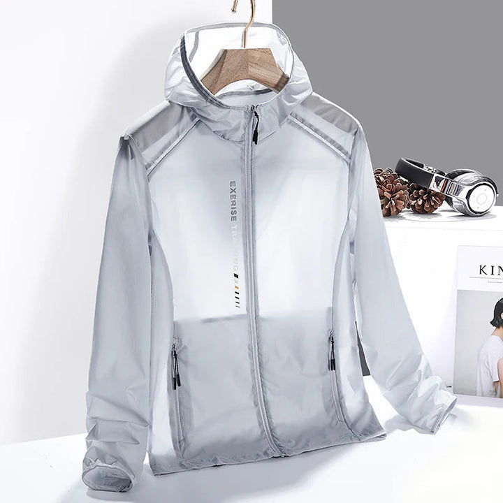 Reflective men's windbreaker for nighttime outdoor activities, providing visibility & wind protection.