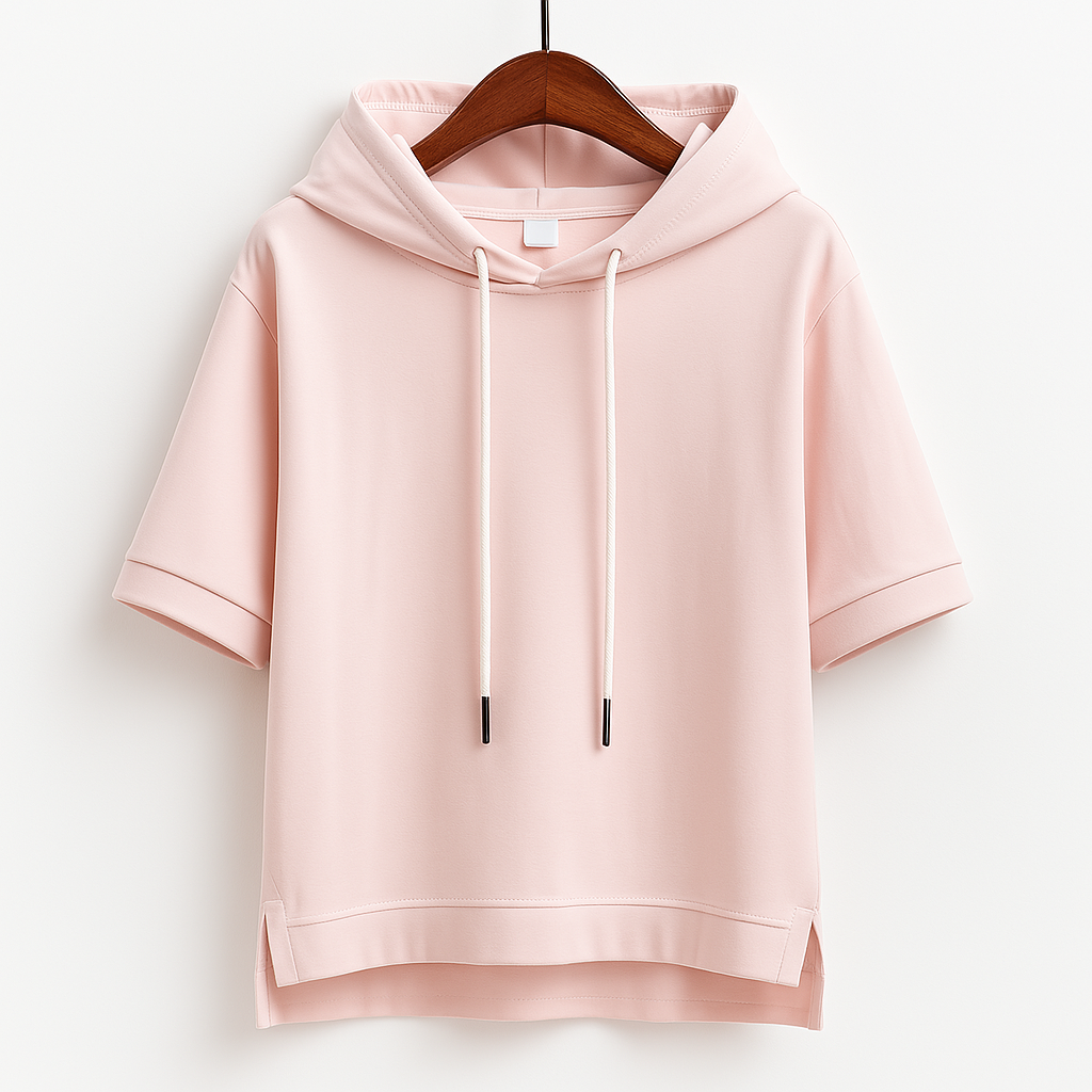 Women's stylish short sleeve hoodie with drawstring hood, perfect for casual comfort and everyday wear.